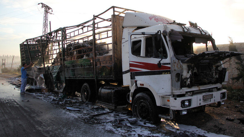 A damaged truck carrying aid