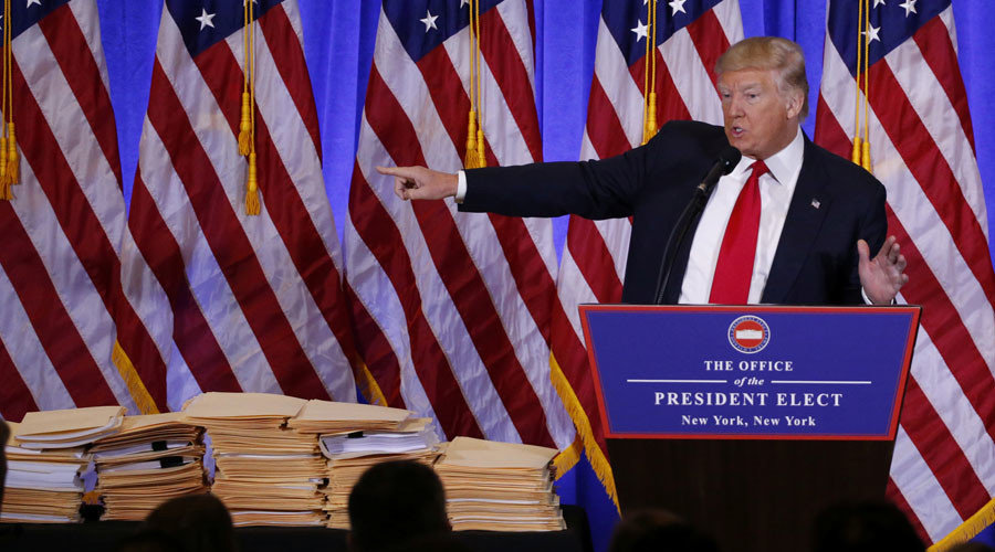 Donald Trump speaks during a news conference